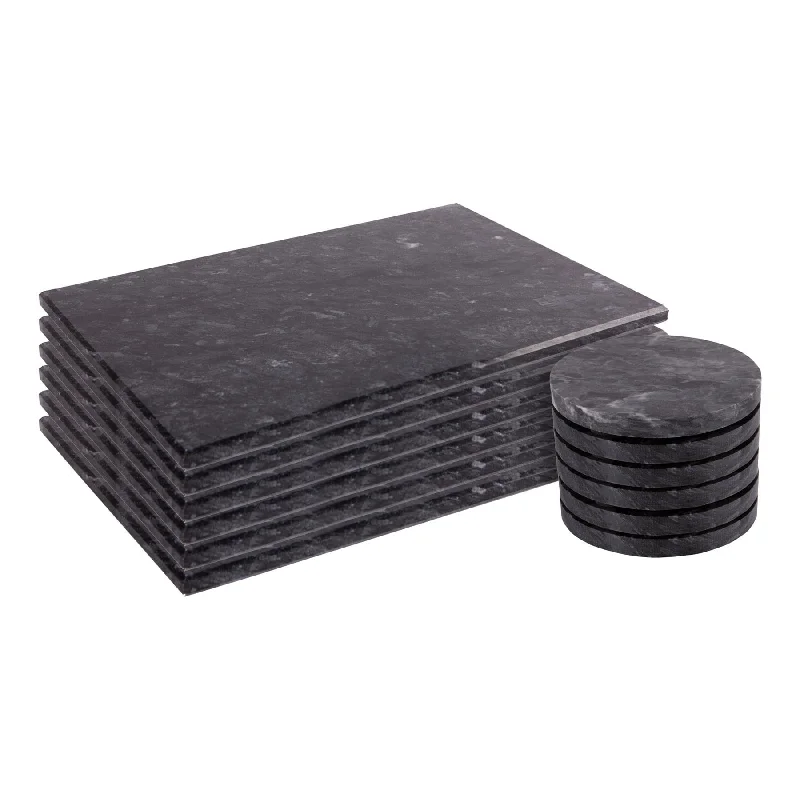 - Dog anti-slip mat12pc Black Marble Placemats & Round Coasters Set - By Argon Tableware